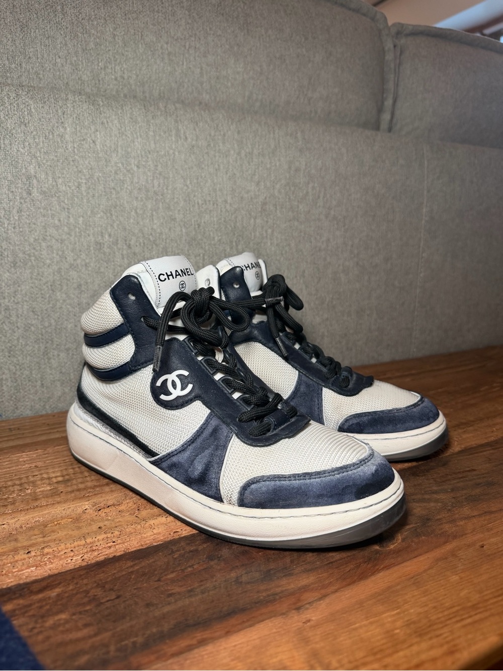 Chanel G38804 High Top Sneakers Navy Ivory CC Logo Size 36.5